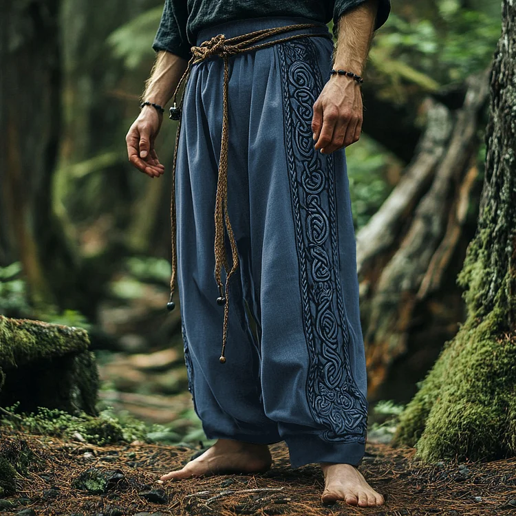 Vintage Tribal Viking Celtic Embroidery Art Linen Long Loose Wide-leg Pants