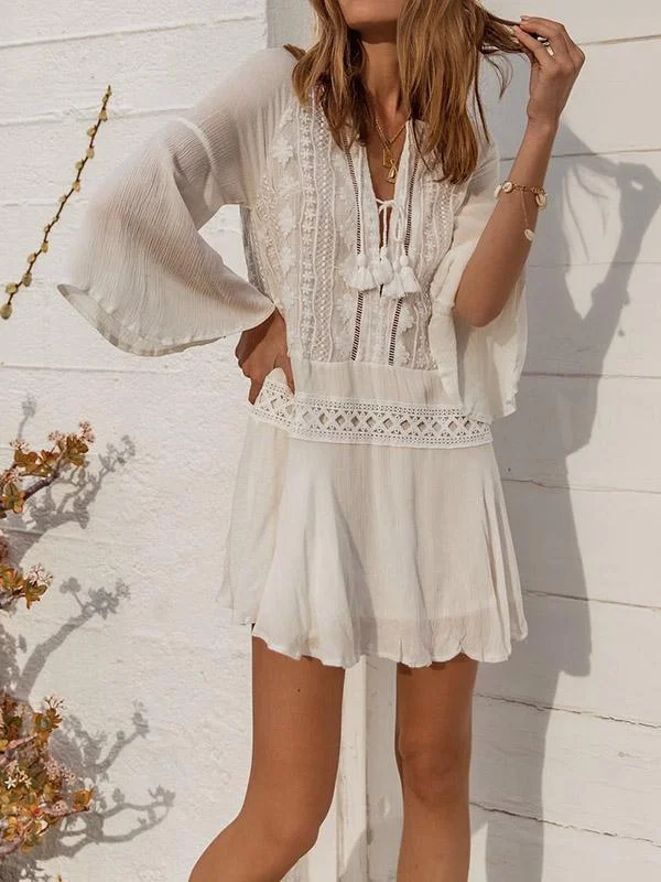 Embroidered Split-Joint Flared Sleeves Bohemia Mini Dress