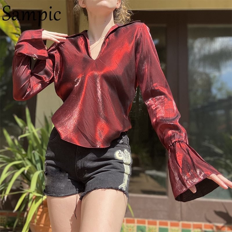 Sampic Women Clothing Fashion Long Flared Sleeve Loose Sexy Club Neck Shirt Tops 2021 Autumn Winter Office Ladies Blouse Shirt