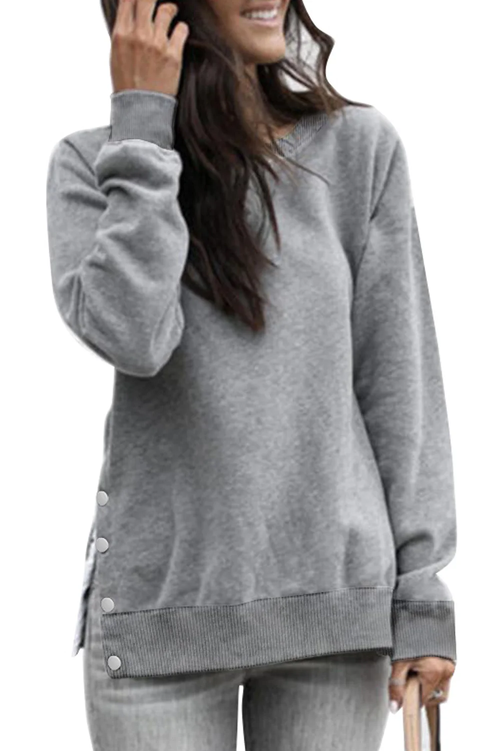 Gray Casual Slit Side Button Long Sleeves Sweatshirt