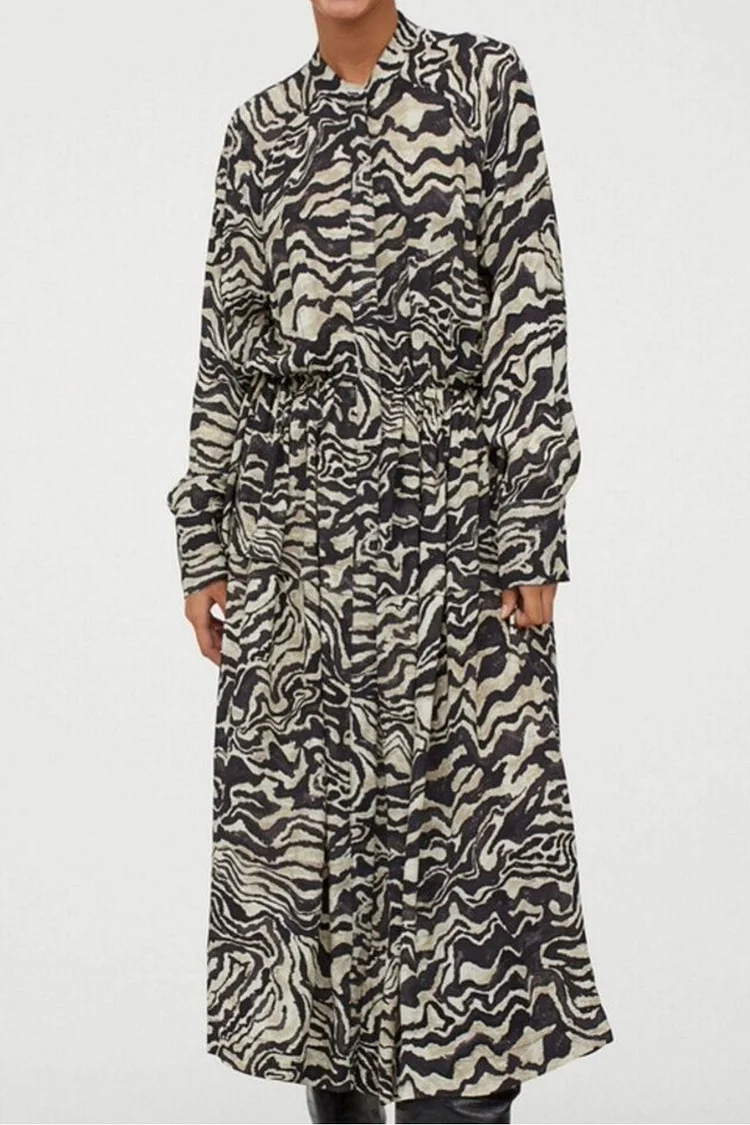 Luditu Midi Dress, Tie Neck, Winter Black White Zebra