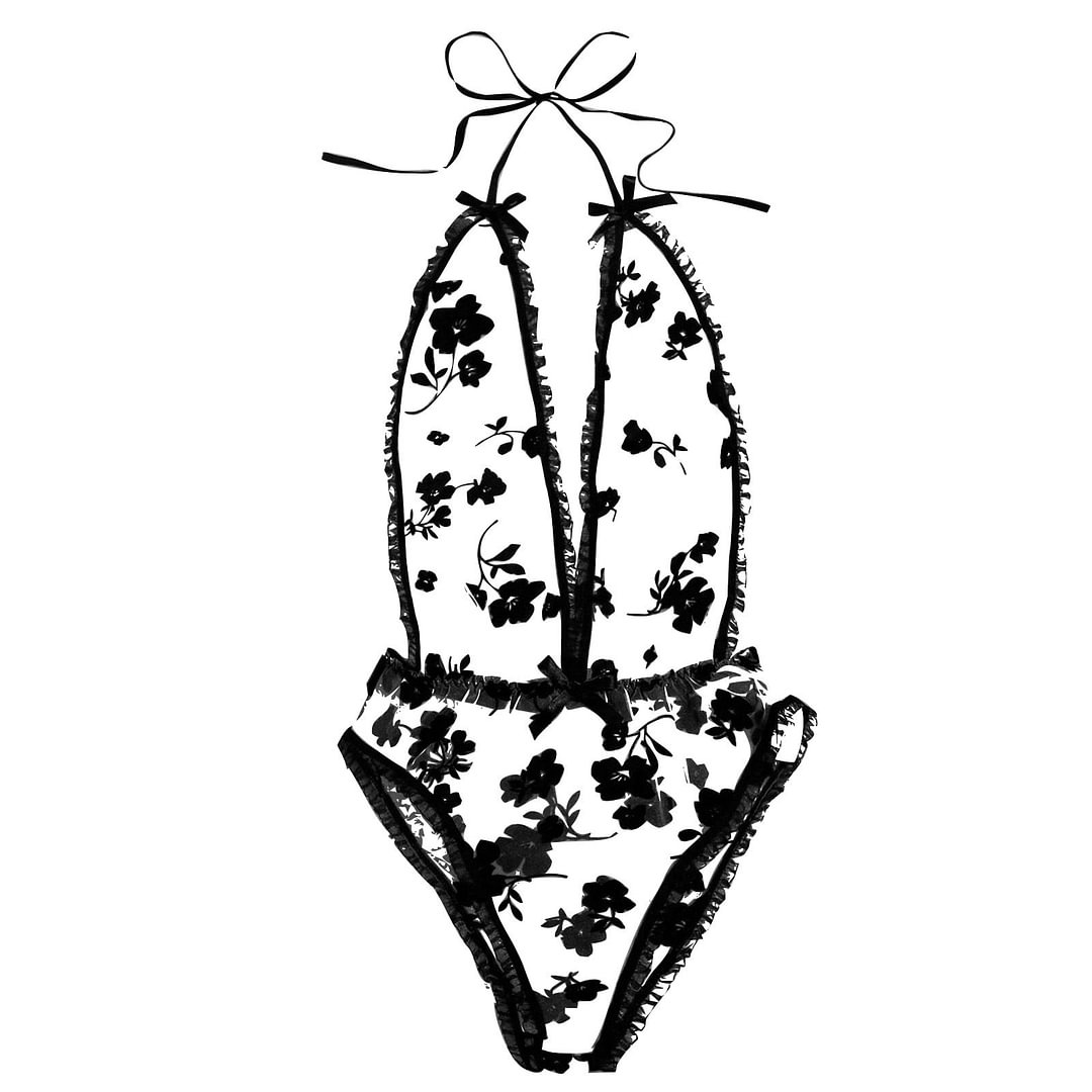 Bow Tie Embroidery Deep V Sexy Lace Bodysuit Lingerie Teddy Underwear Bodydoll Underwear Sheer Mesh Transparent Babydoll Lace