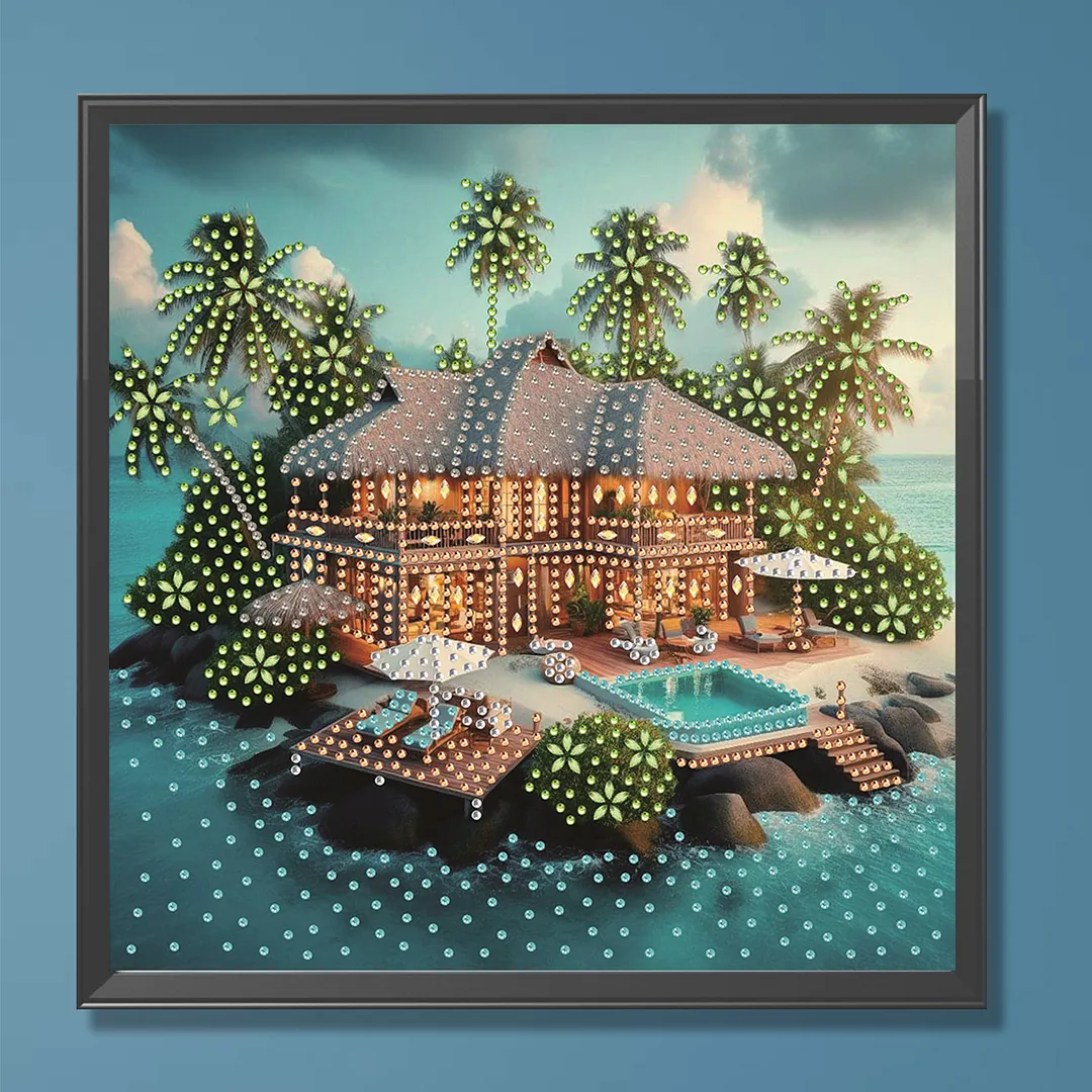 Tropical Beach Villa Special Shaped DIY Partial Drill Diamond Painting Kits for Adults Beginners Home Decor Diamonds Paintings Gem Art 30x30cm