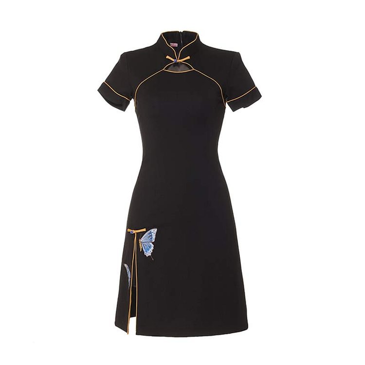 Vintage Butterfly Embroidery Buckle Cheongsam Dress - Modakawa Modakawa