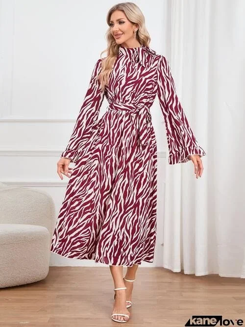 Animal Print Tie Front Ruffle Trim Dress