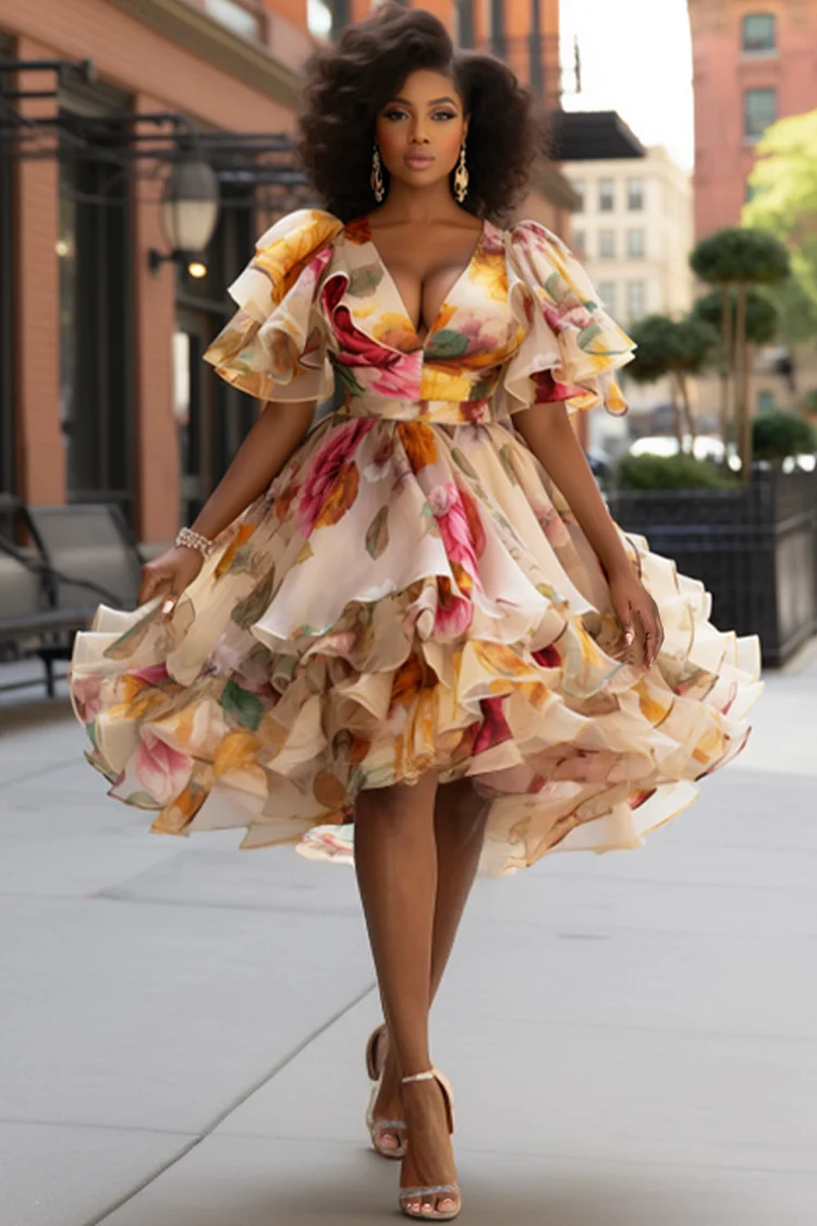 Xpluswear Design Plus Size Wedding Guest Yellow Elegant Floral V Neck Short Sleeve Ruffle Tiered Chiffon Mini Dresses