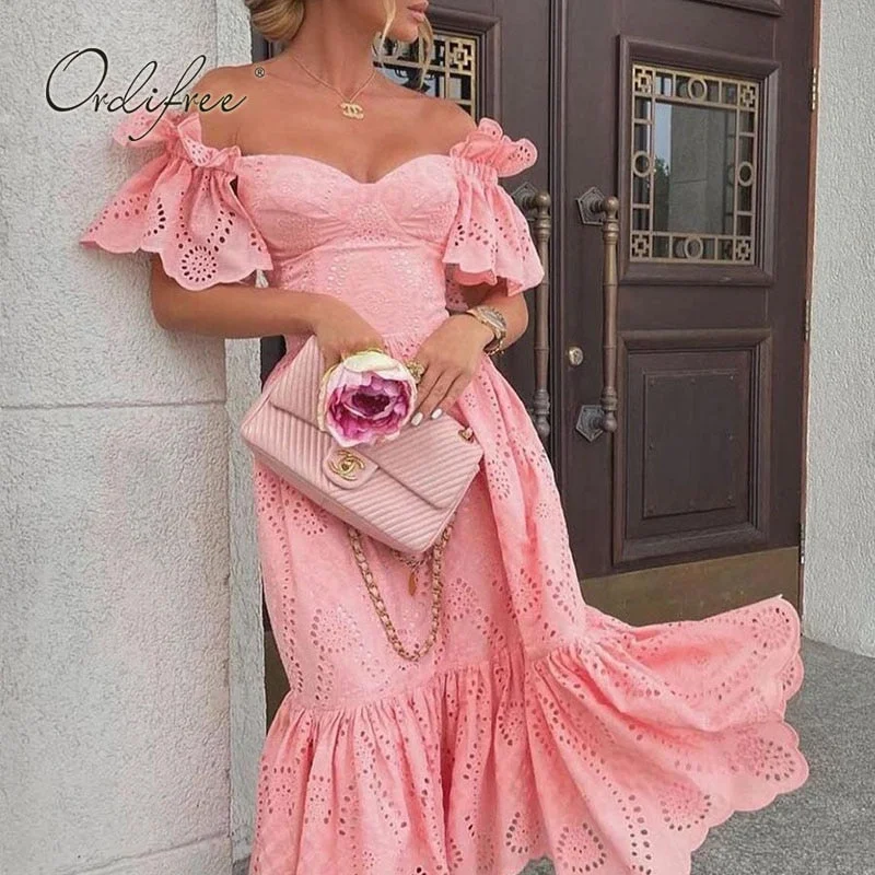 Ordifree 2022 Summer Women Embroidery Party Dress Off Shoulder Short Sleeve Slash Neck Pink Tunic Beach Dress