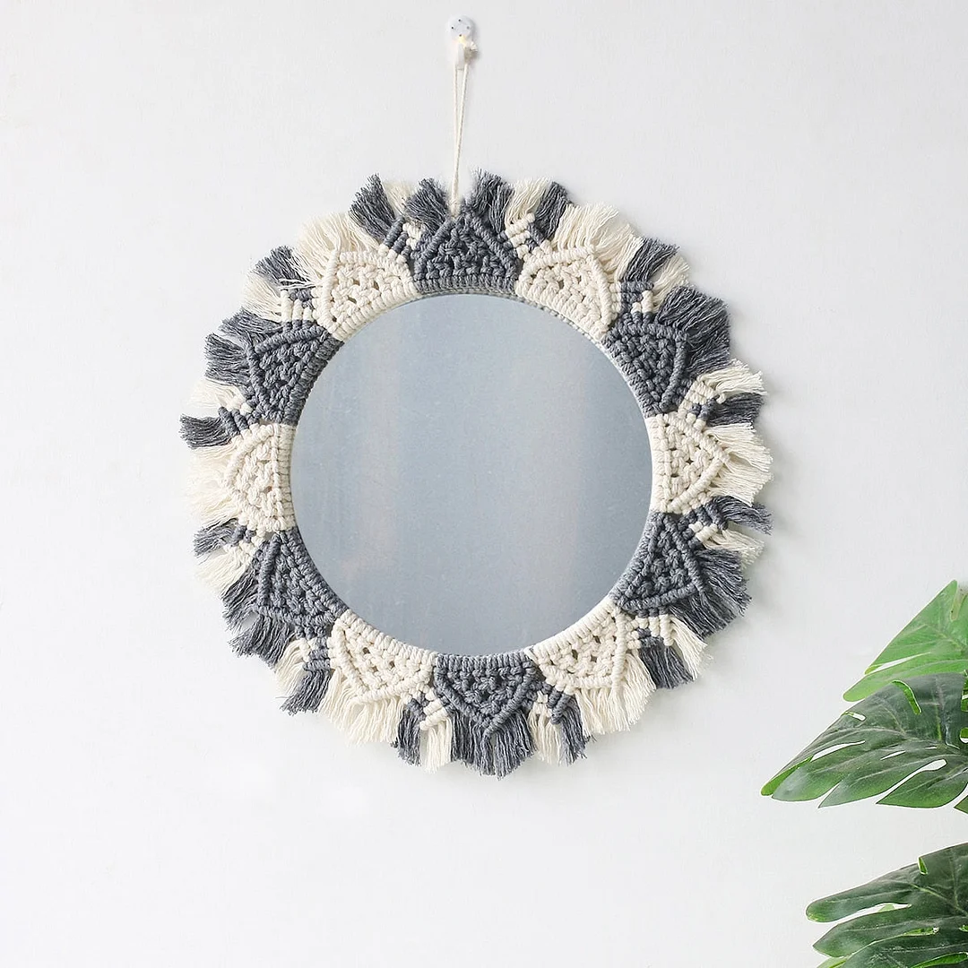 Boho Macrame Round Mirror Decorative Mirrors Aesthetic Room Decor Hanging Wall Mirror for Bedroom Living Room House Decoration