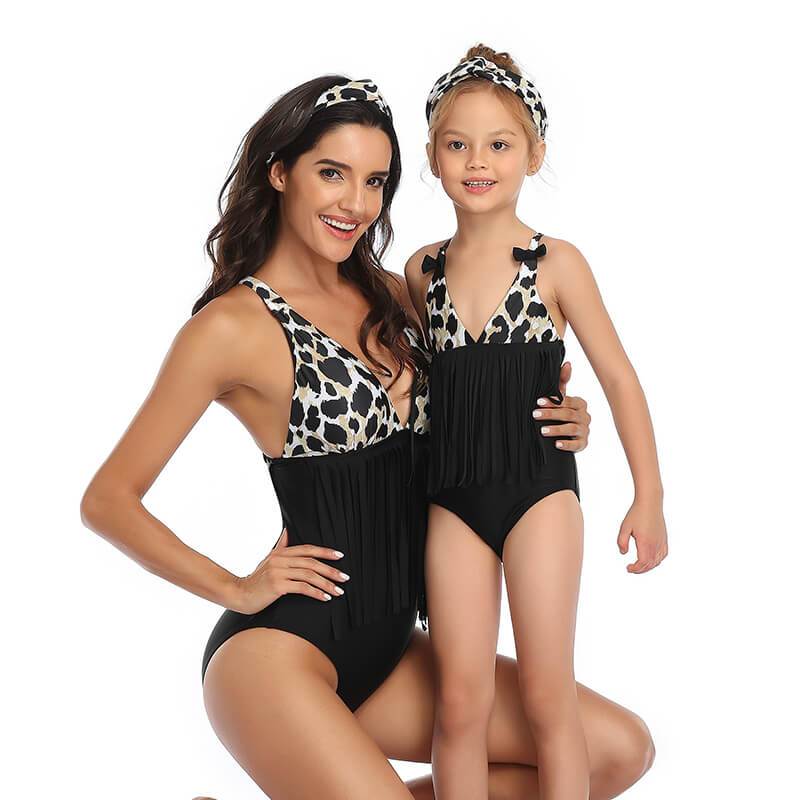 Leopard Print With Tassels One Piece Matching Swimsuit Matching Swimsuits