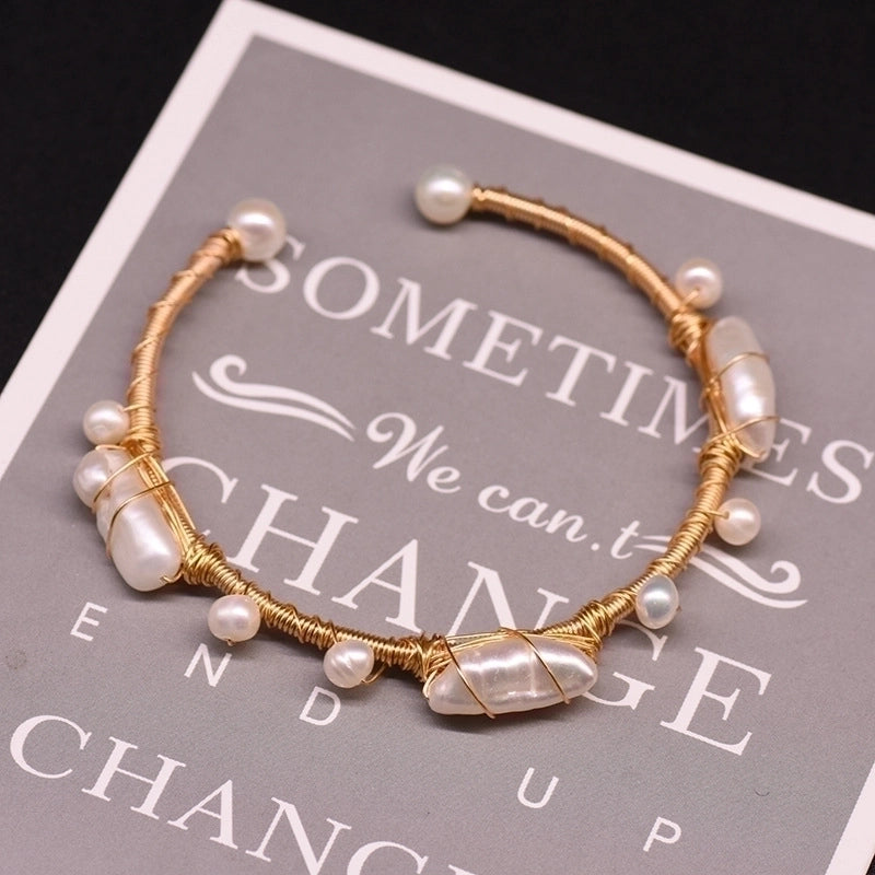 Retro Flower Copper Plating Inlay 18K Gold Plated Pearl Bangle