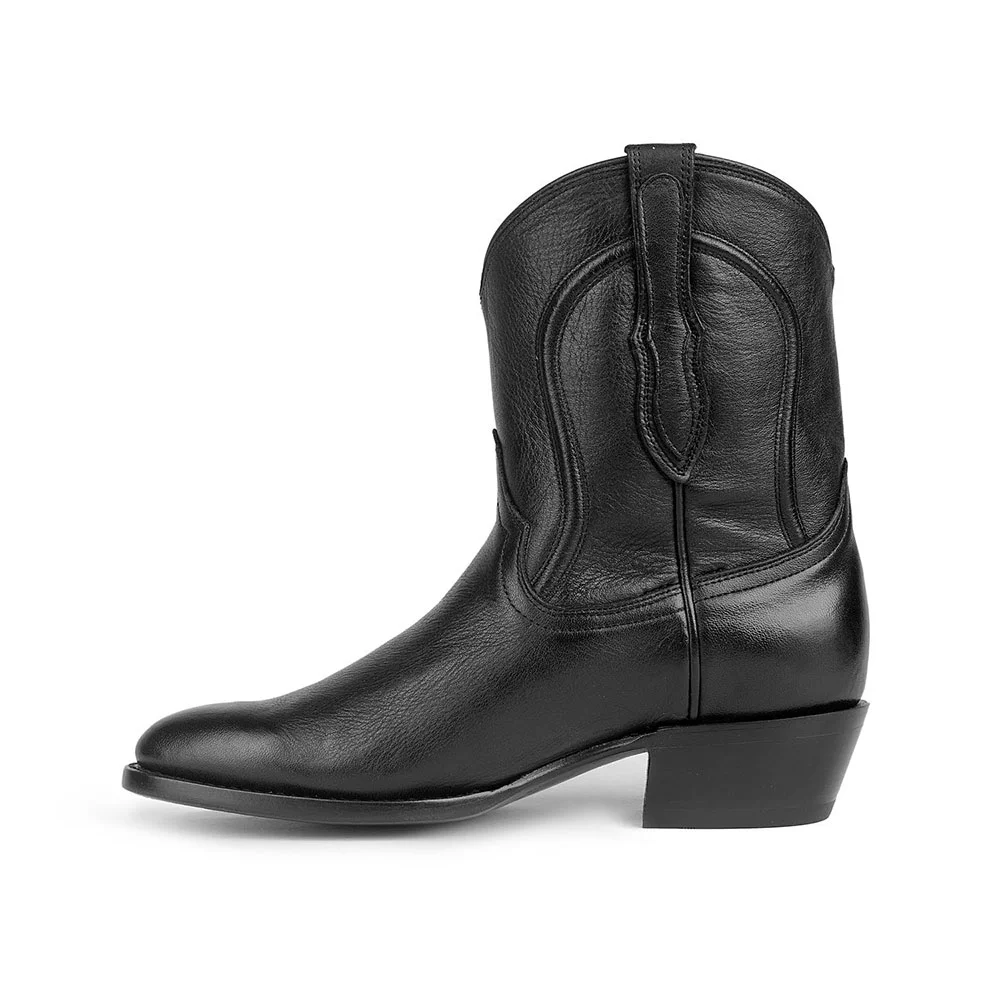 Black Faux Leather Closed Toe Chunky Heel Walking Pull On Cowgirl Boots