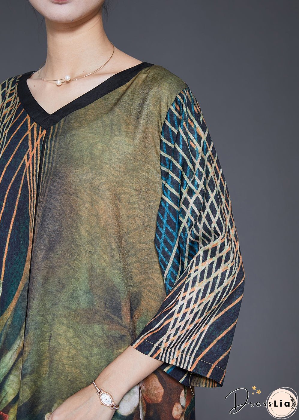 Women Green V Neck Print Silk A Line Dresses Bracelet Sleeve