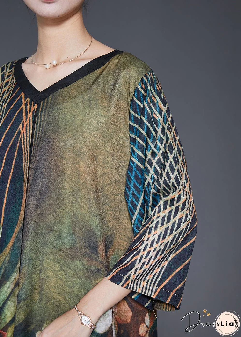 Women Green V Neck Print Silk A Line Dresses Bracelet Sleeve