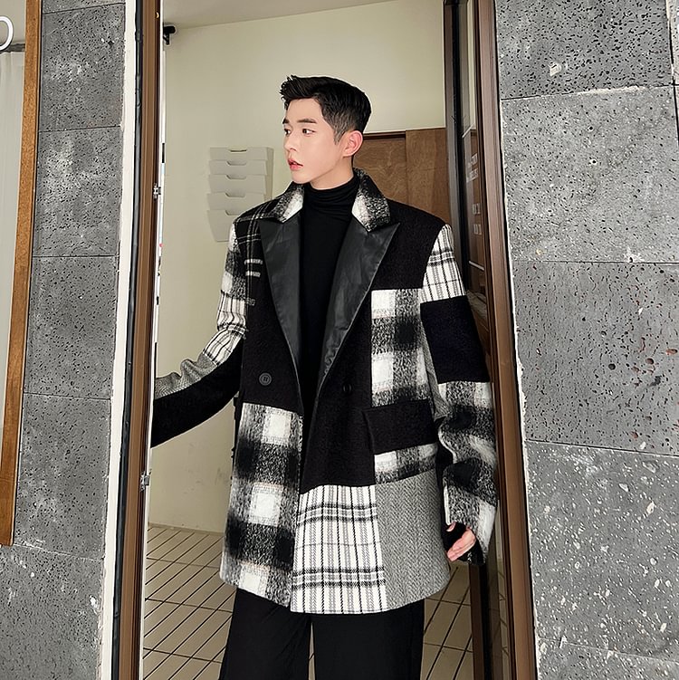 Dawfashion-Paneled Plaid Woolen Shoulder Pad Blazer Trench Coats-Yamamoto Diablo Clothing