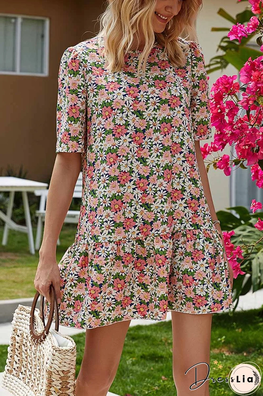 Round Neck Ruffled Floral Mini Dress