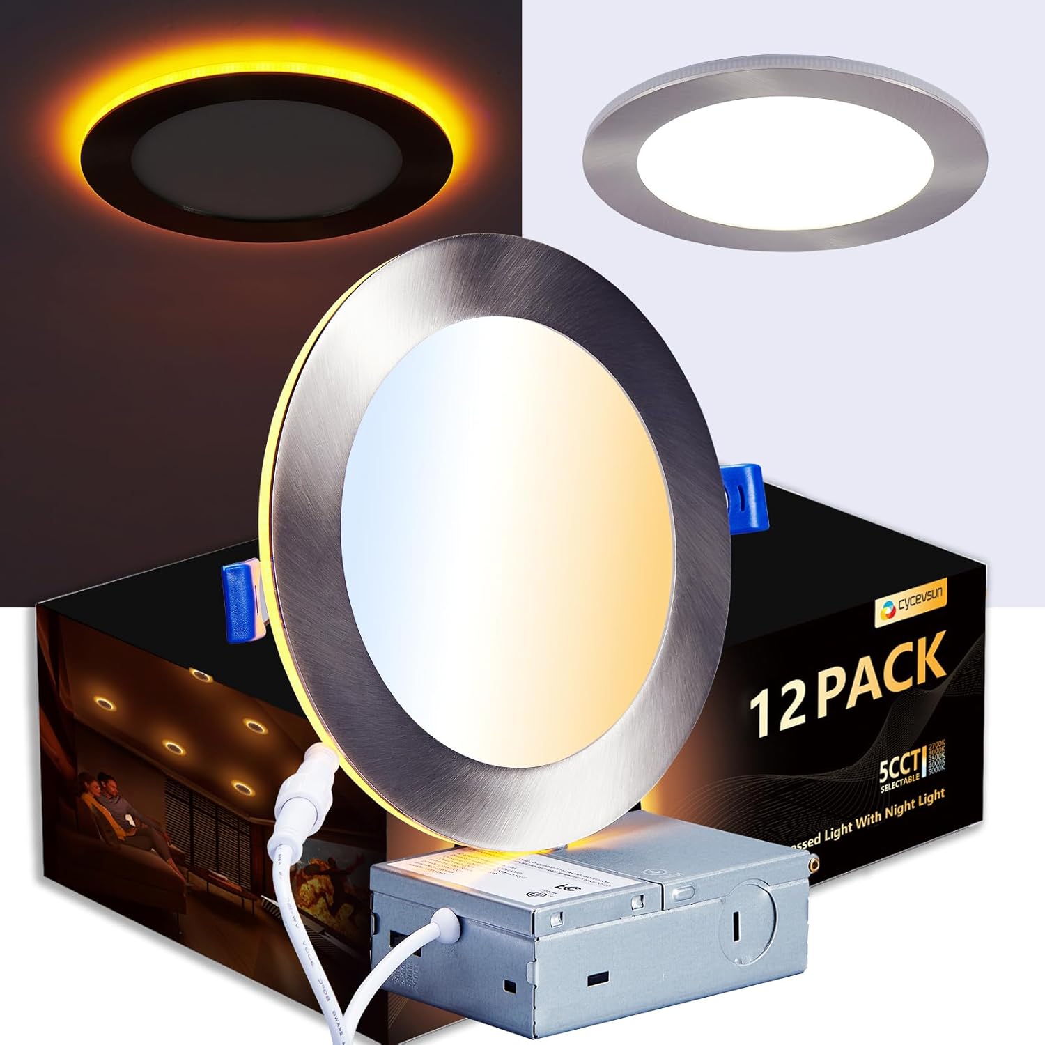 12 Pack 6 Inch LED Recessed Lights with Night Light Nickel