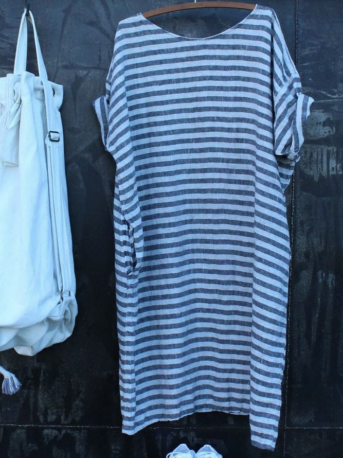 Plus Size Casual Striped Round Neck Pockets Dresses
