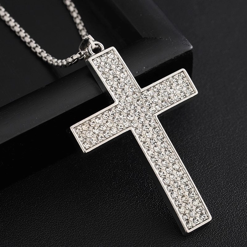 Hip-Hop Cross Alloy Titanium Steel Plating Inlay Rhinestones Men’s Pendant Necklace Men Pendant Necklaces
