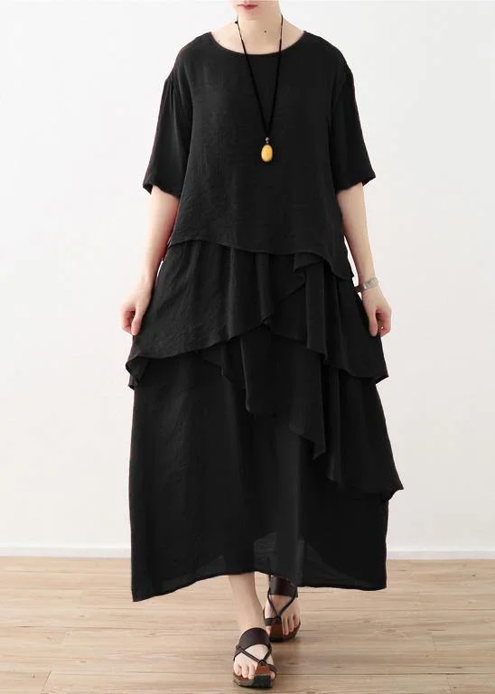 Loose black linen cotton dress plus size Shirts layered  Plus Size Clothing summer Dresses