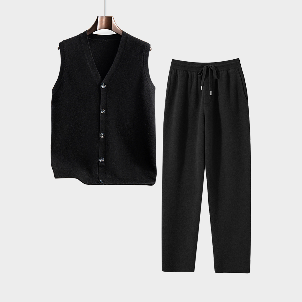 Men's Black Cashmere Cardigan and Pants Set | Classic Casual Knitwear REAL SILK LIFE