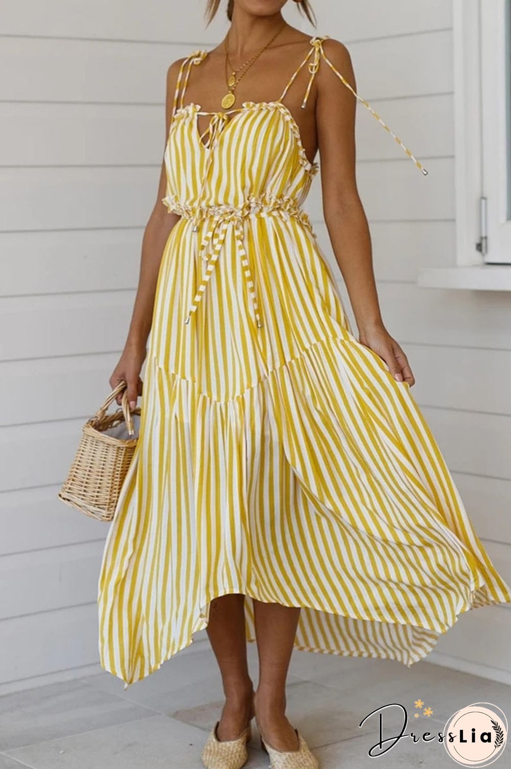 Striped Backless Lace-up Vacation Maxi Dress