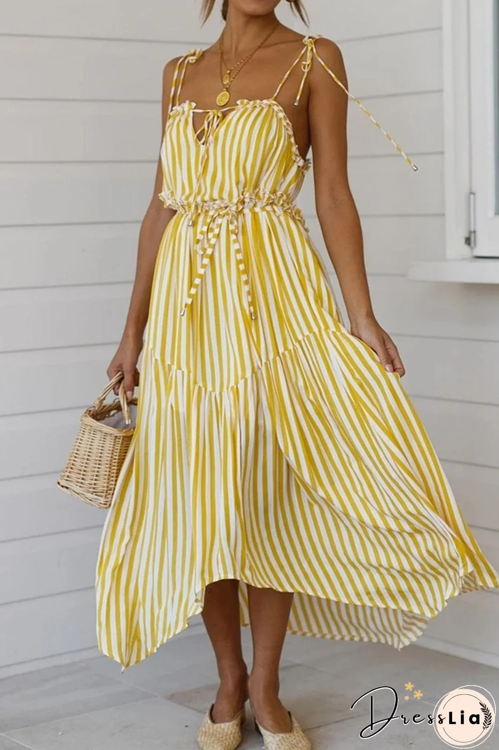 Striped Backless Lace-up Vacation Maxi Dress