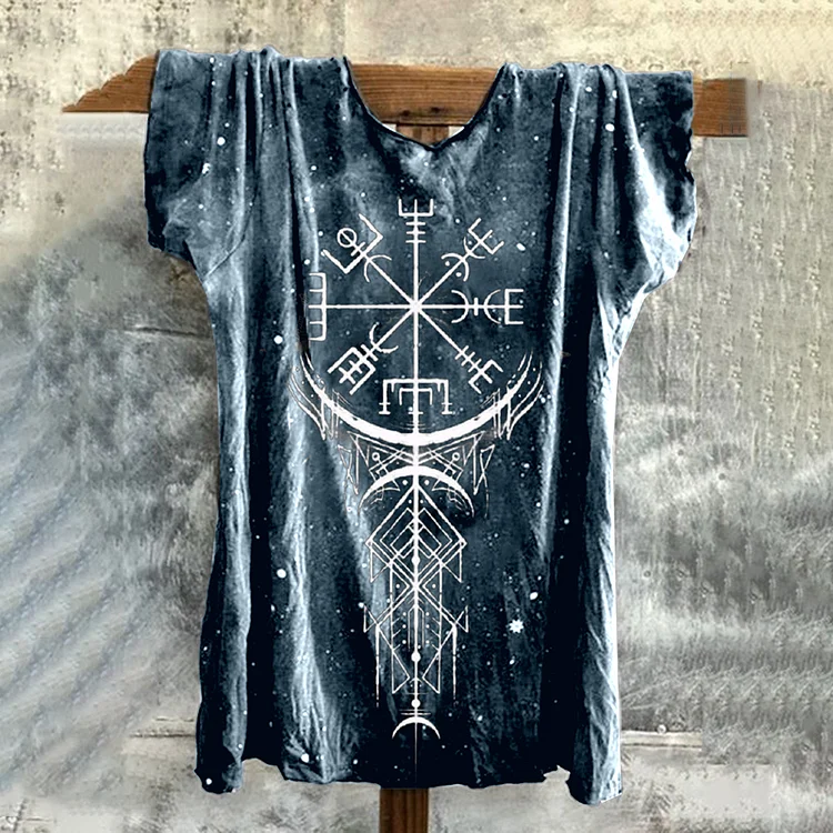 Retro Tie-Dye Viking Totem Print T-Shirt