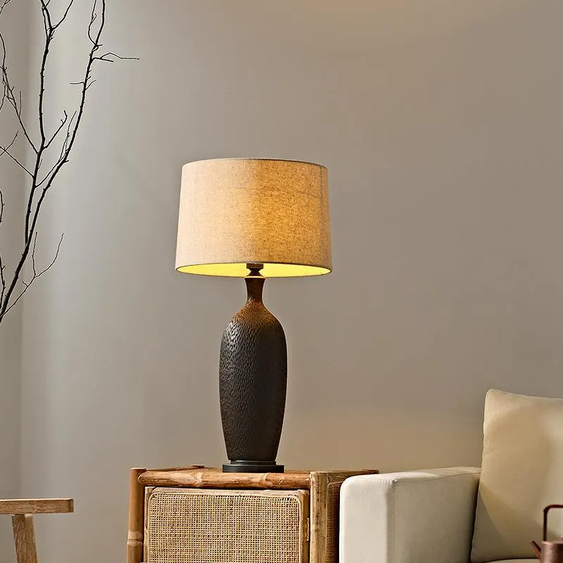 Traditional Chinese Oval Bottle Cylinder Ceramic Fabric 1-Light Table Lamp For Living Room mysite