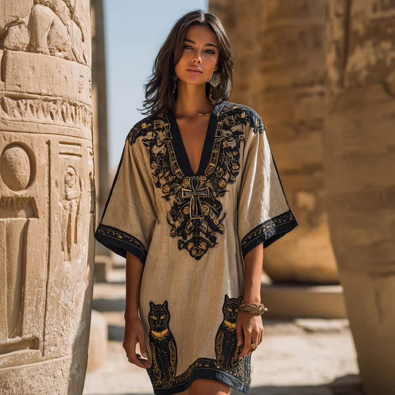 Women's Egyptian Black Cat Art Casual V Neck Linen Dress