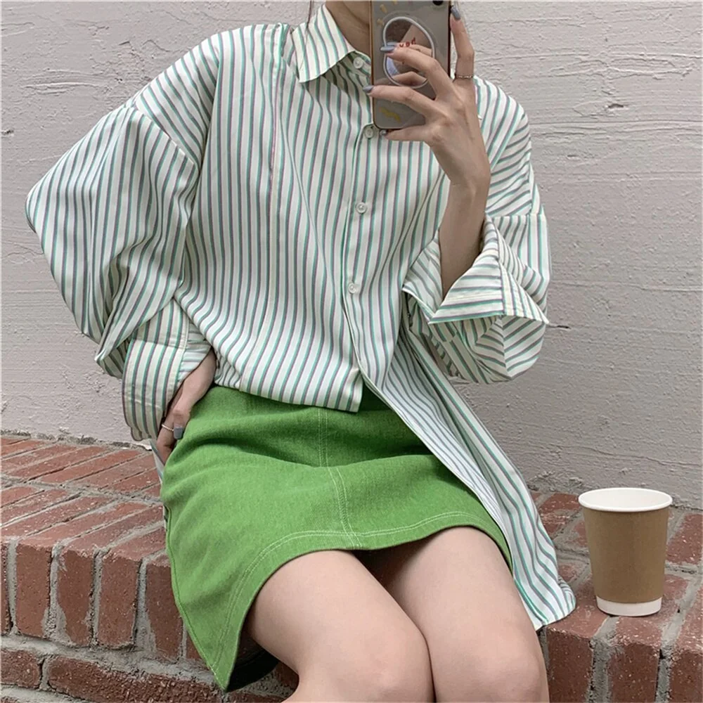 Jangj Alien Kitty Green Stripes Casual Women Shirts Oversize 2022 New All Match Elegant Full Sleeves Spring Chic Loose Mujers Blouse