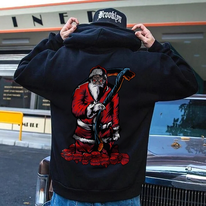 A scythe-wielding Santa Claus from Hell Christmas Theme Hoodie