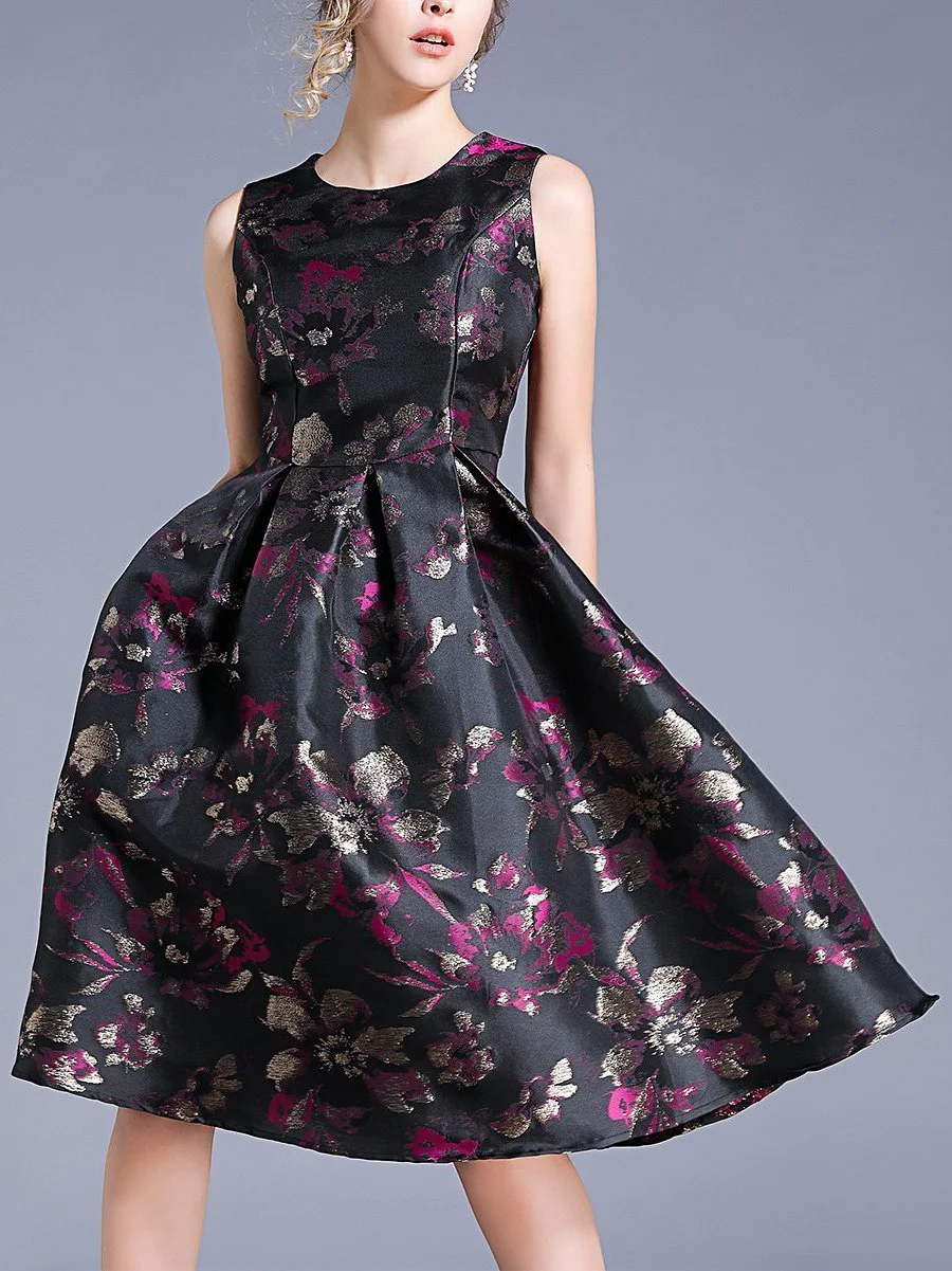 Black & Fuchsia Floral Fit & Flare Dress