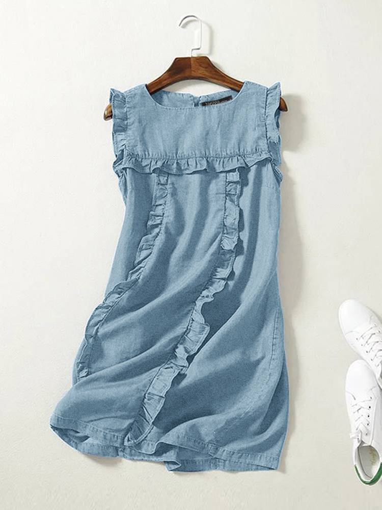 ZANZEA 2024 Summer Denim Mini Dress Women Casual Sleeveless Ruffles Stitching Tank Dresses Holiday Square Neck Sundress