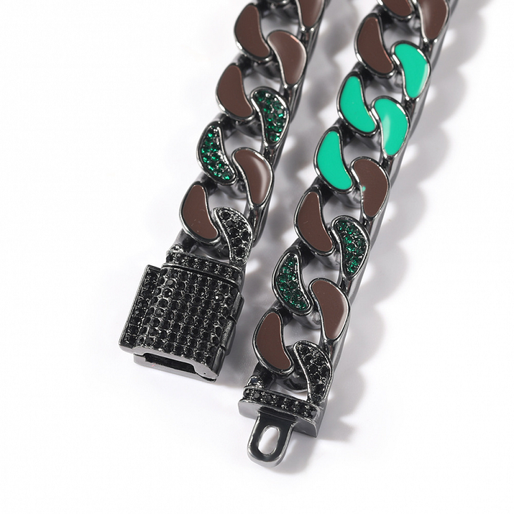 14MM Rhinestone Enamel Black&Green Cuban Link Bracelet Men Jewelry