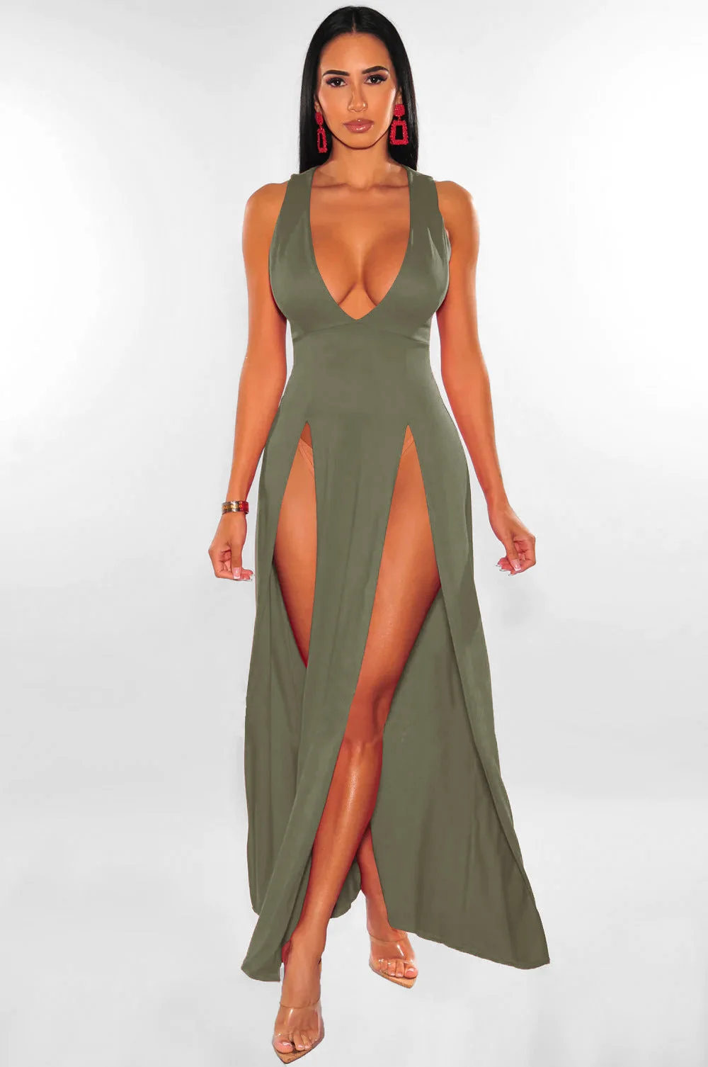 Brownm Summer Long Deep V Split Multi-color Dresses