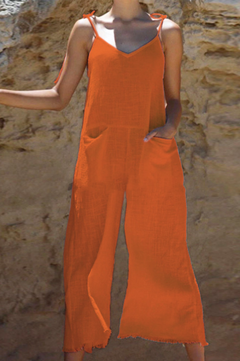 Fashion Solid Split Joint Spaghetti Strap Straight Jumpsuits