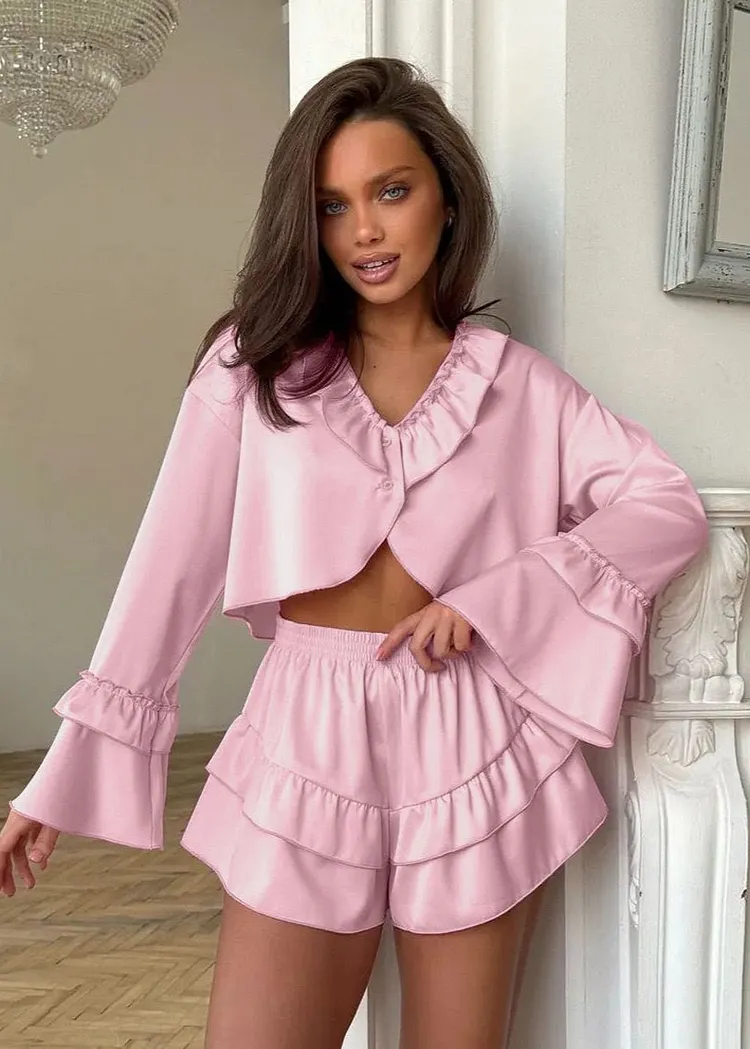 Ruffle Trim Long Sleeve Top and Shorts Set