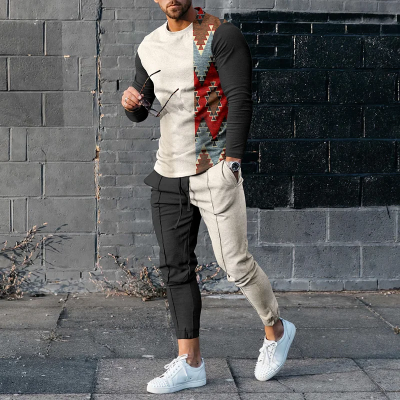 Fashion Stitching Black Khaki Ethnic Print T-Shirt And Pants Co-Ord