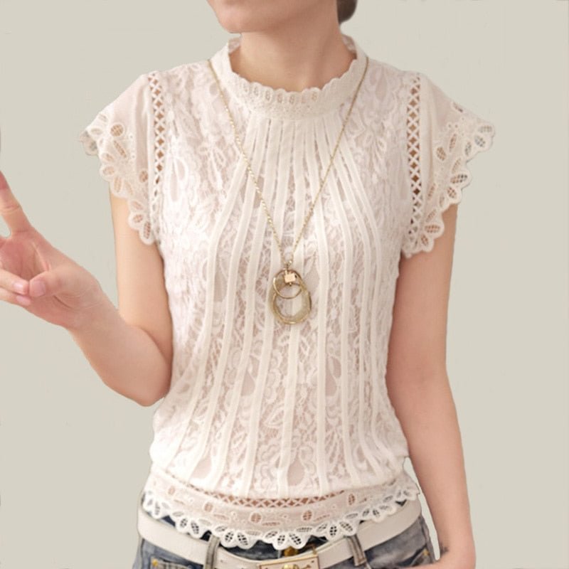 2021 Short Sleeve Tops Patchwork Crochet Women Shirt Stand Collar Elegant  Women Ladies White Lace Blouse Plus Size Blusa 01C