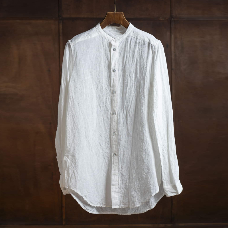 Men's Vintage Beige Cotton and Linen Side Slit Shirt