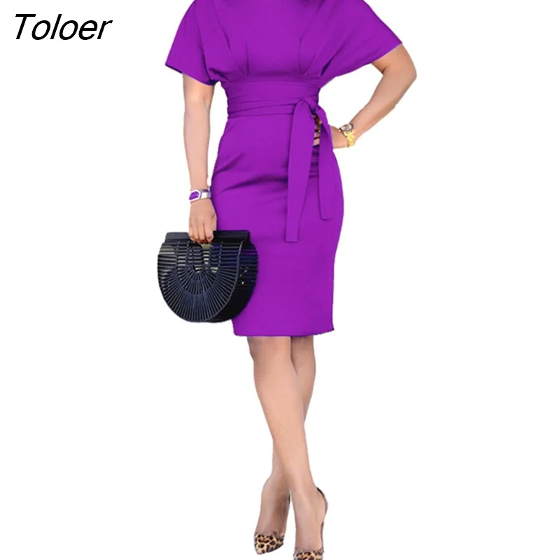 Toloer 2021 Summer Dress Women Solid Color Short Sleeve O Neck Belt Cocktail Bodycon Knee Length Dress Vestidos New For Lady