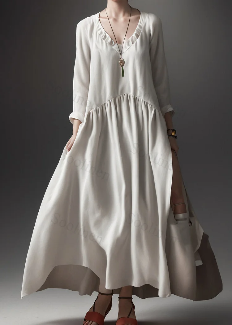Plus Size Beige V Neck Wrinkled Patchwork Silk Maxi Dress Summer