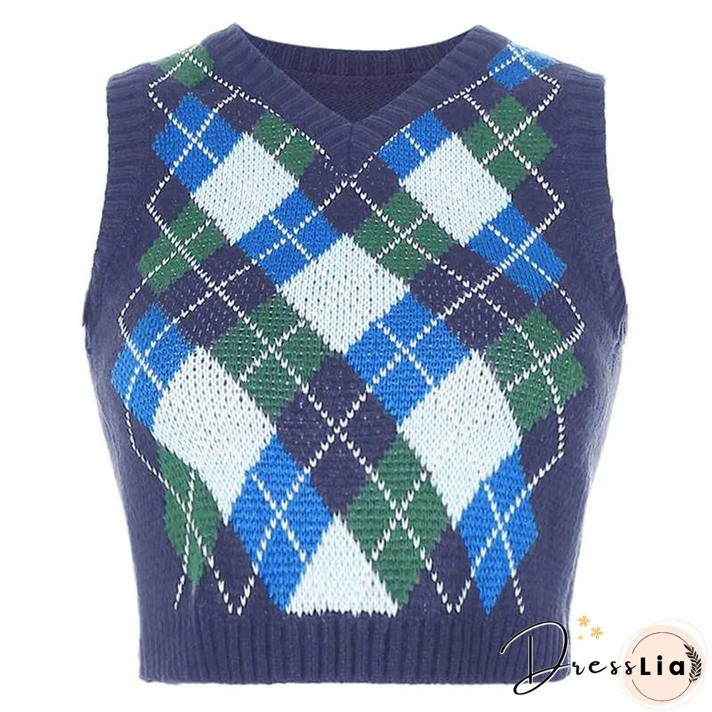 Checkered Cropped Knitted Tank Argyle Sleeveless Jumper