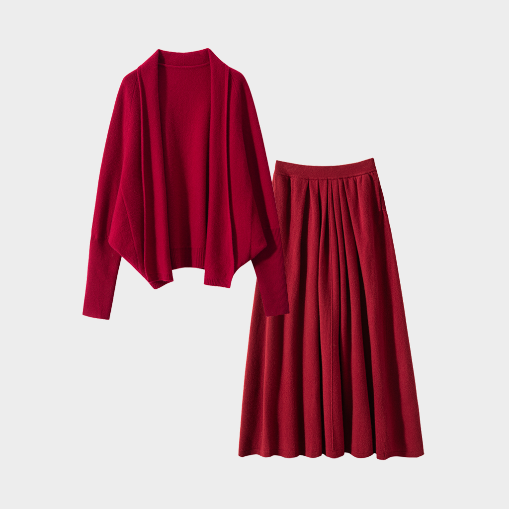 Women's Batwing Sleeve Red Cashmere Cardigan and Skirt Set | Casual Wear REAL SILK LIFE