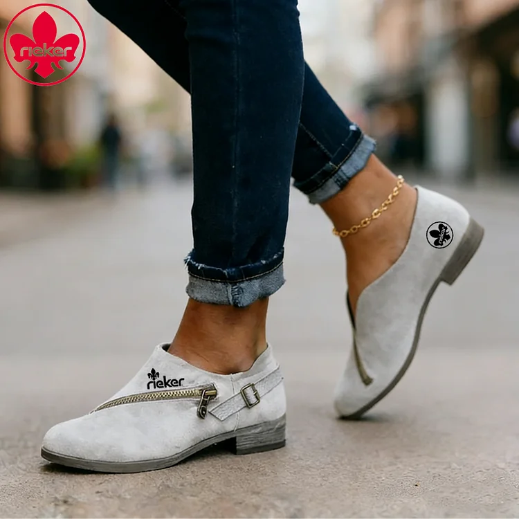 Rieker damskie casualowe buty retro z okrągłym noskiem i niskim obcasem, zapinane na zamek