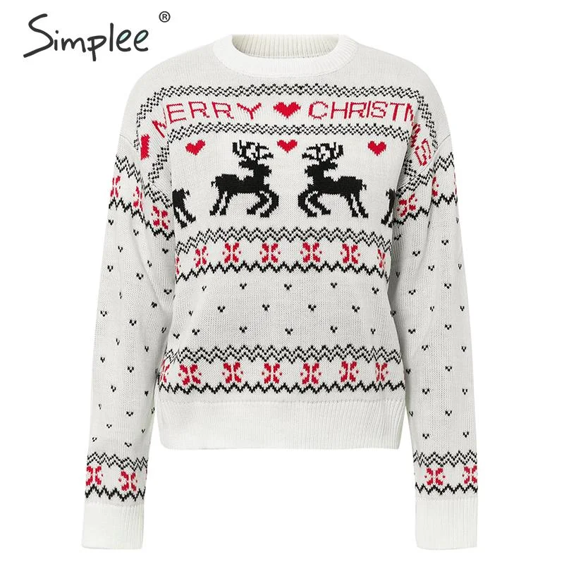 Simplee O-neck Fashion Christmas sweaters women long sleeve Autumn winter deer print knitted female pullover Chic ladies sweater