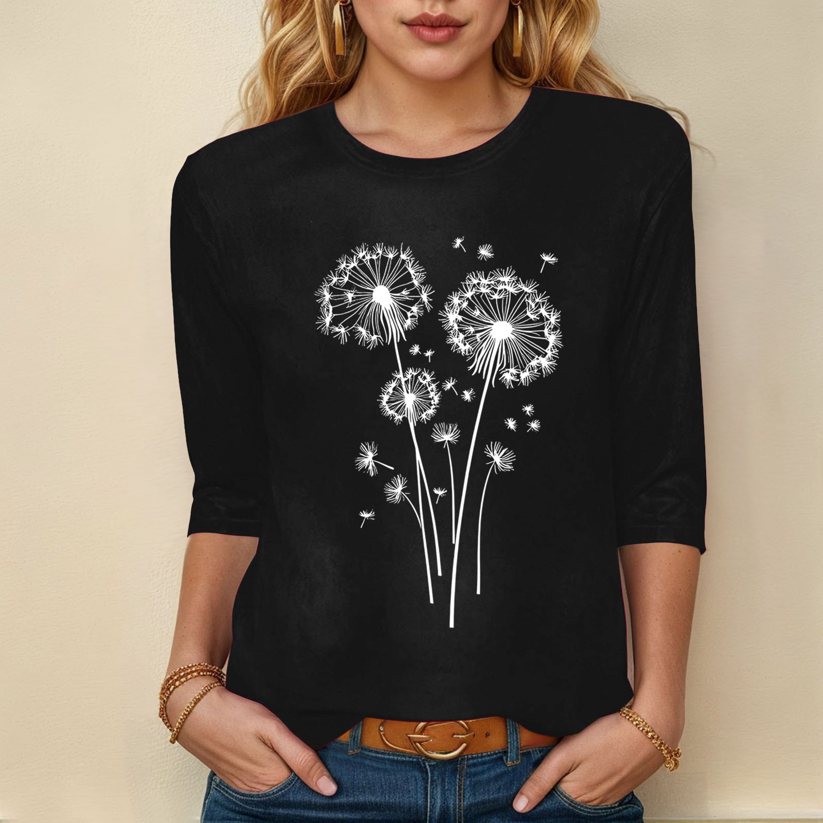 Vintage Tee Shirts For Women Women 3/4 Sleeve T Shirts For Women Dandelion Graphic Round Neck Casual Blouses Ropas De Mujeres