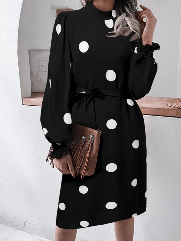 Dot Print Puff Long Sleeve Shirred Stand Collar Dress With Belt