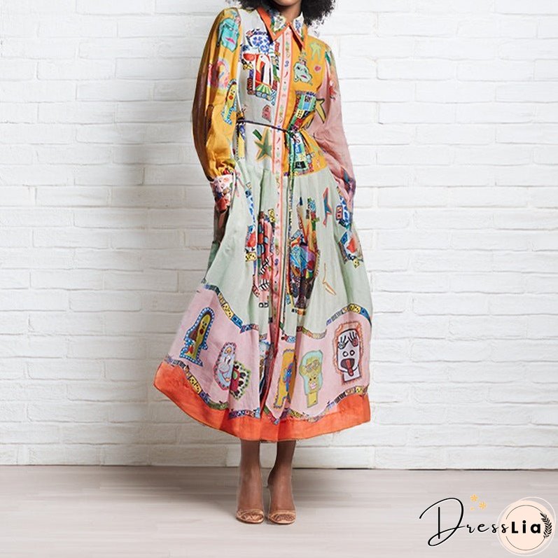 Women's Sleeve Printing Lapel Long Sleeves Large Dresses