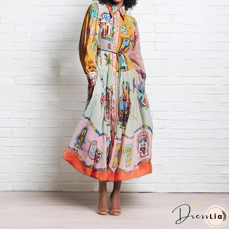Women's Sleeve Printing Lapel Long Sleeves Large Dresses